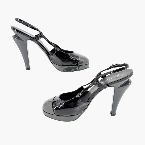 Chanel Cap Toe Slingback Pump Size 38.5 US 7.5-8 Black Patent Platform High Heel - Picture 10 of 14